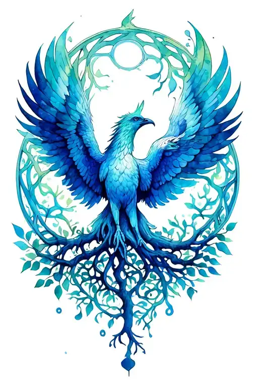 phoenix rising from tree of life intertwined tattoo design idea