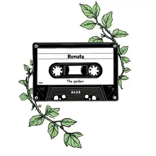 "Renata 2025" cassette tape with the words the garden on it and a vine wrapped around it tattoo design idea