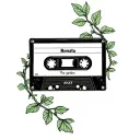 "Renata 2025" cassette tape with the words the garden on it and a vine wrapped around it tattoo design idea
