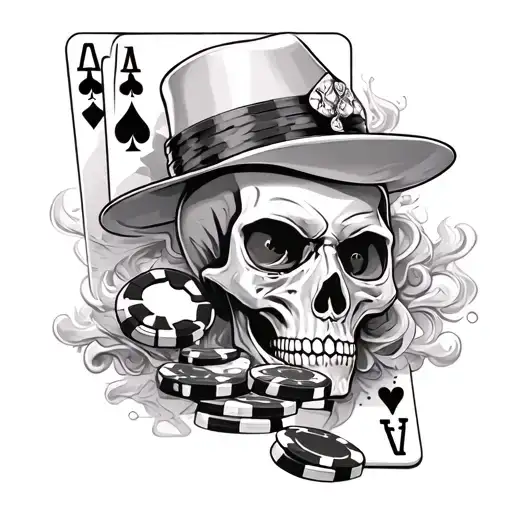 casino theme, skull, ace of spades with 3D skull coming through, smoke, casino chips, slots tattoo design idea
