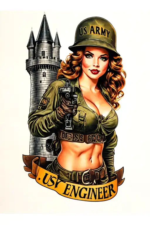 sexy PIN UP GIRL, US ARMY Engineer castle logo, full body view tattoo design idea