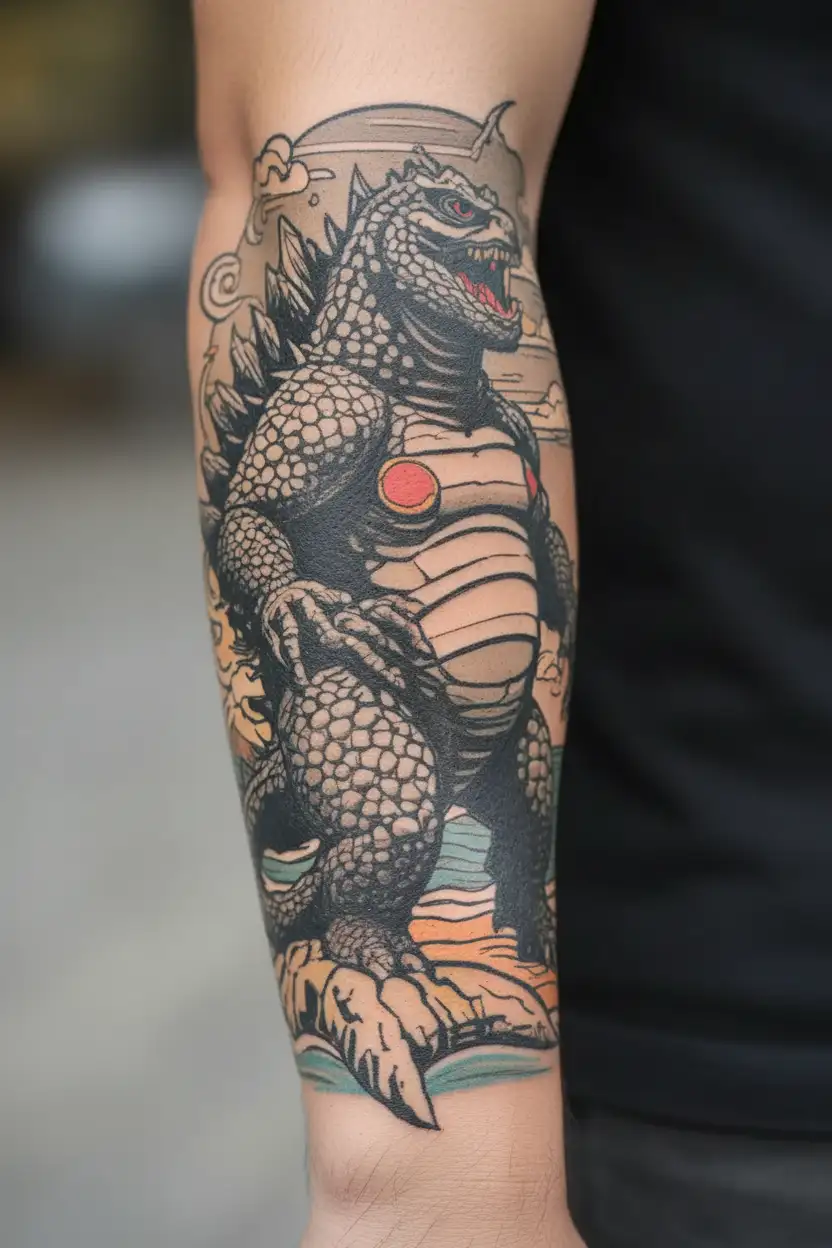 Godzilla with sunglasses walking on a beach  tattoo design idea