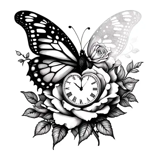 A black and white dotwork tattoo of a butterfly and rose intertwined, with a heart-shaped elegant clock at 11:23 incorporated into the design tattoo design idea