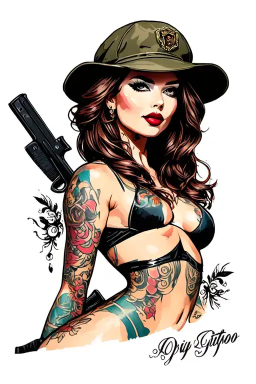 Sexy pin up girl, side profile, full body view, standing, petite, large boobs, Army hat tattoo design idea