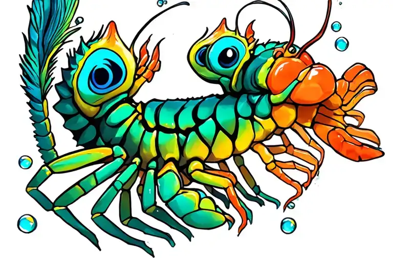Peacock Mantis Shrimp punching with heat bubbles forming around the shrimps clubs. bold colors and outlines tattoo design idea