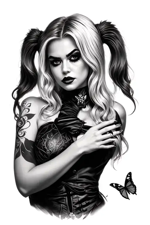 Harley Quinn inspired portrait looking forward. Holding a butterfly. Black and grey. Alexa Bliss. tattoo design idea