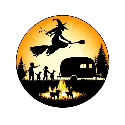 "IV V MMXIV" silhouette of sexy witch flying on broomstick over a campsite with a trailer and campfire with 3 boy children & 2 dogs  tattoo design idea