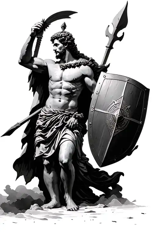 Mid statue of Achilles with a shield and a spear tattoo design idea