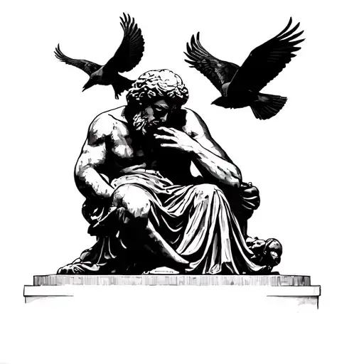 4 birds flying over the thinker statue holding a skill tattoo design idea