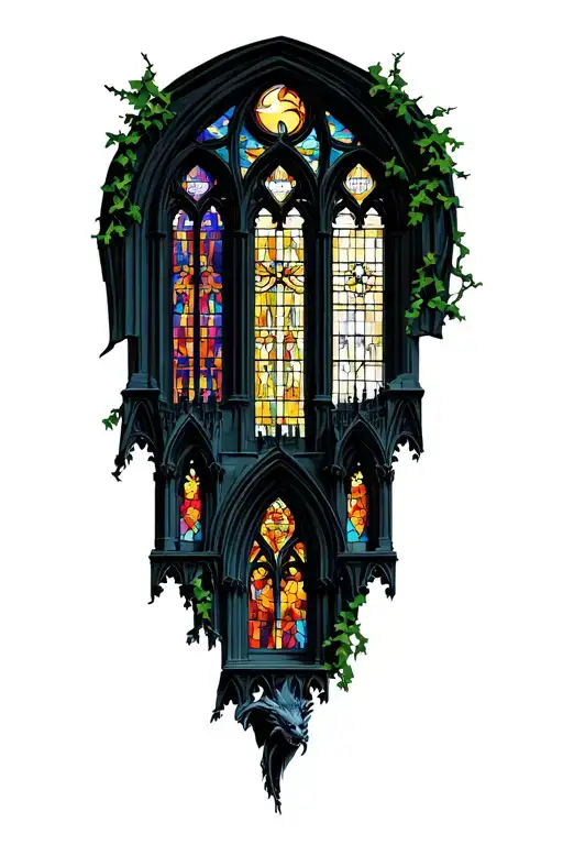 gothic cathedral with colored stained glass windows, gargoyles, moon, and vines tattoo design idea