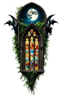 gothic cathedral with colored stained glass windows, gargoyles, moon, and vines tattoo design idea
