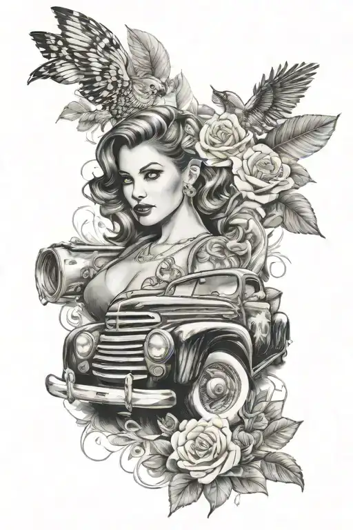 f100 with realistic pinup girl  tattoo design idea