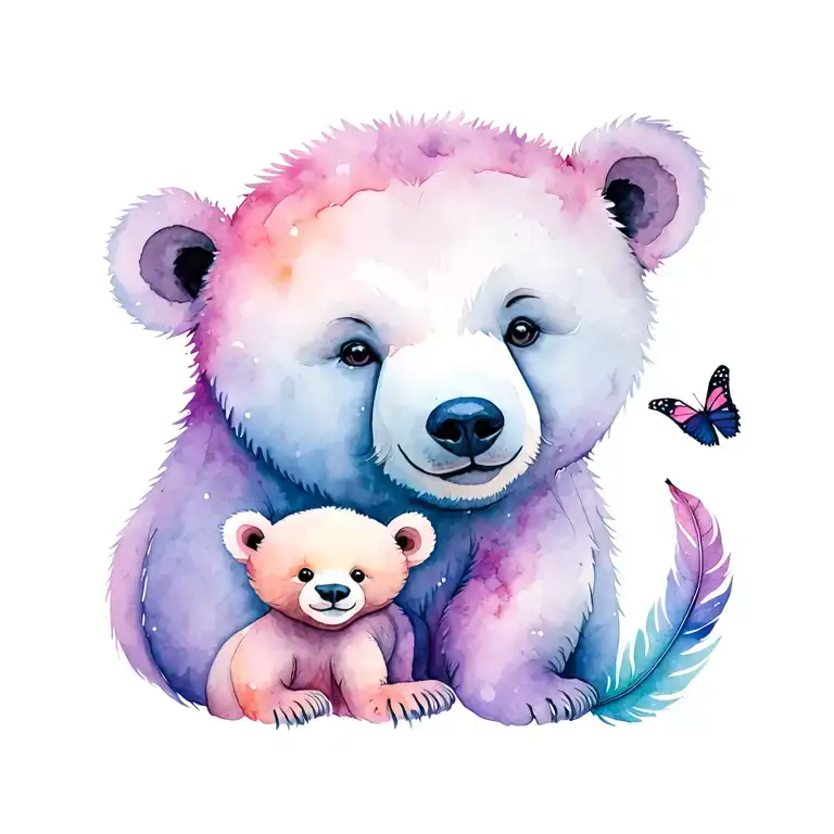 mama bear with 2 cubs, a feather and small butterfly  tattoo design idea