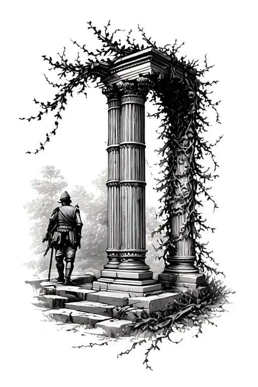Roman pillar archway wrapped in vines with soldier stepping through tattoo design idea