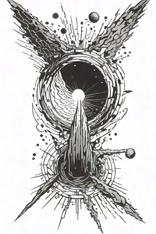 Left forearm: a black cosmic black hole stretches lengthwise. From it, quasar-like beams burst upward and downward, wrap tattoo design idea
