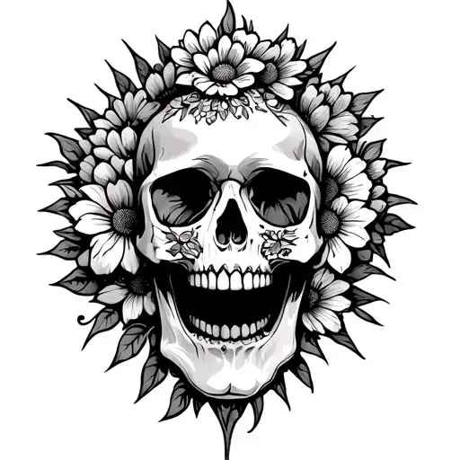 A stylized skull with vibrant flowers emerging from within, topped with a radiant sun tattoo design idea