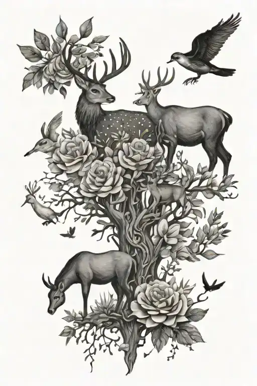 family tree, floral, vibes, deer, birds,  tattoo design idea