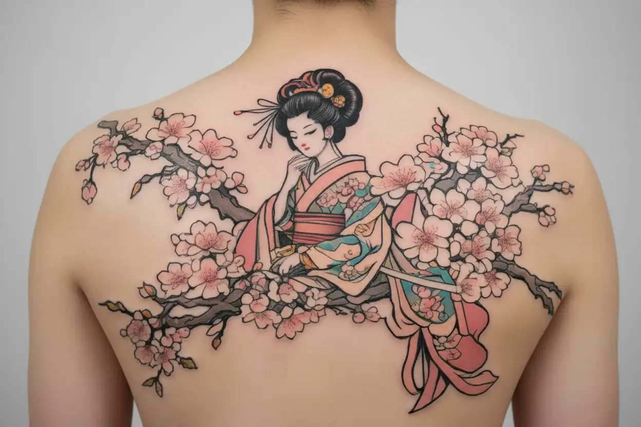 geisha cherry blossom tattoo design idea