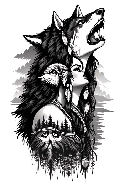 indian woman with wolf howling with sunset and forest tattoo design idea