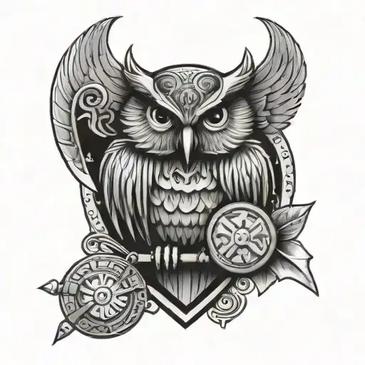 Owl perched on a shield with Viking symbols and weapons in the background tattoo design idea
