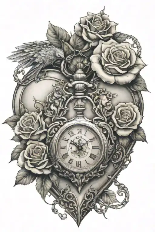 heart pocket watch surrounded in diamonds and roses with a sleeping baby angel tattoo design idea