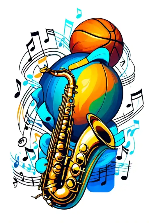 basketball and saxophone surrounded my music notes tattoo design idea