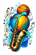 basketball and saxophone surrounded my music notes tattoo design idea