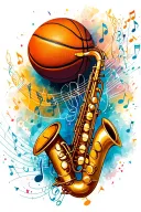 basketball and saxophone surrounded my music notes tattoo design idea