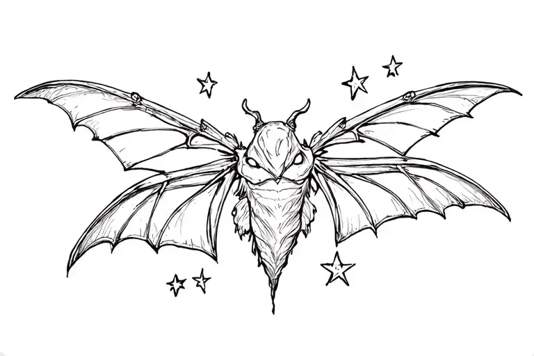 Mothman tramp stamp y2k style with stars around it tattoo design idea