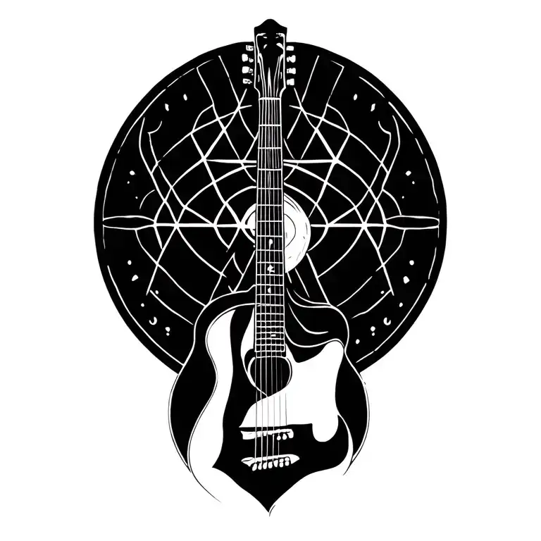 music, acoustic guitar, sound, vibration, sacred geometry, black and grey ink tattoo design idea