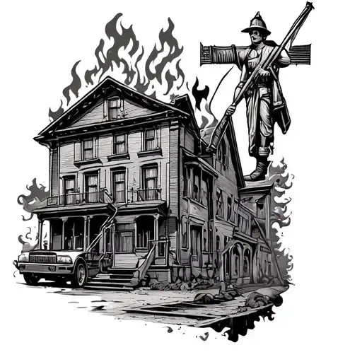 vertical saint Florian firefighter with burning house tattoo design idea