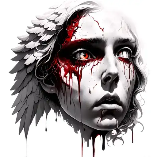 Angel Crying Blood (Left Side Neck)	•	Marble angel face, one eye cracked open	•	Blood dripping down from the eye, like tattoo design idea