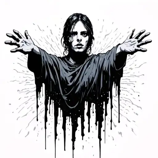 •	Silhouette: The figure is central, with outstretched arms as if trying to reach for something fading away. The head is tattoo design idea