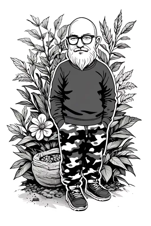 garden nome that is bald with glasses and is waring a jumper with black and white camo jogging bottoms on tattoo design idea