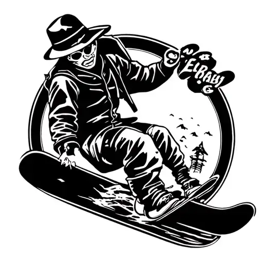 Design a tattoo in a Sailor Jerry style with a snowboarding Japanese theme tattoo design idea