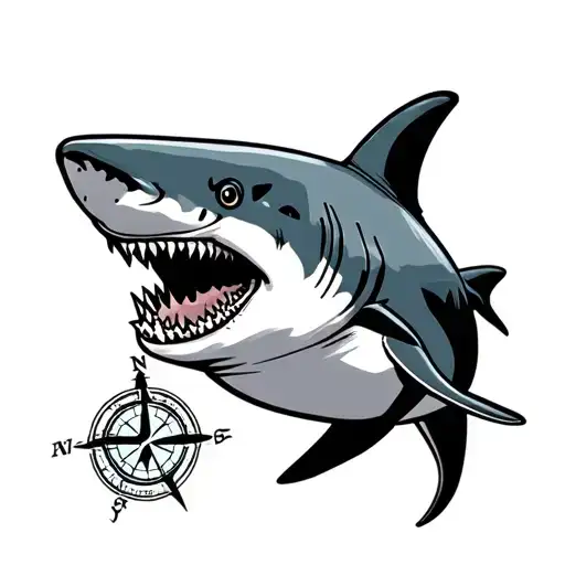 cute mako shark with the word mako shark and a compass tattoo design idea
