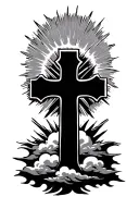 three crosses with clouds and sunrays radiating outwards tattoo design idea