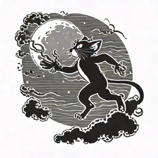 A silhouette of Tom and Jerry engaged in a playful chase scene, set against a night sky with a full moon tattoo design idea