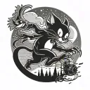 A silhouette of Tom and Jerry engaged in a playful chase scene, set against a night sky with a full moon tattoo design idea