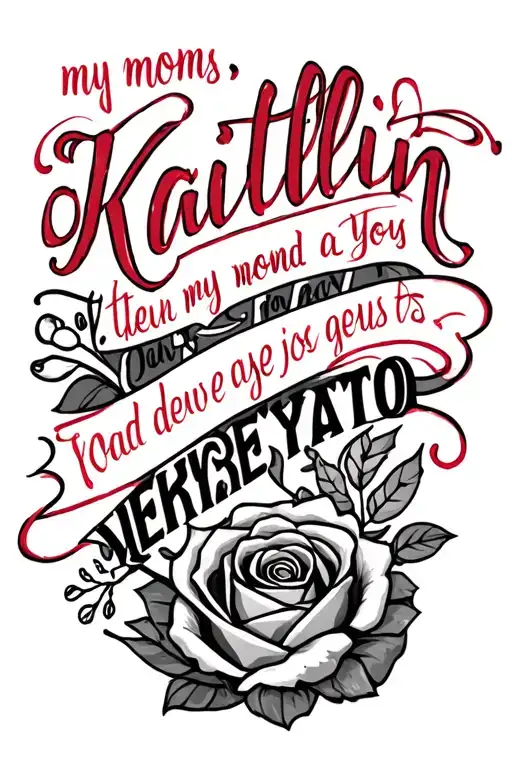 "Kaitlin " my moms name down my arm with thin red outlines and quotes about motherhood and jesus tattoo design idea