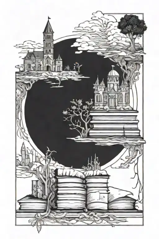 Here is a list of books: "100 Years of Solitude", "Martin Eden", "At the Castle of Argol", "The Intermittences of Death", tattoo design idea