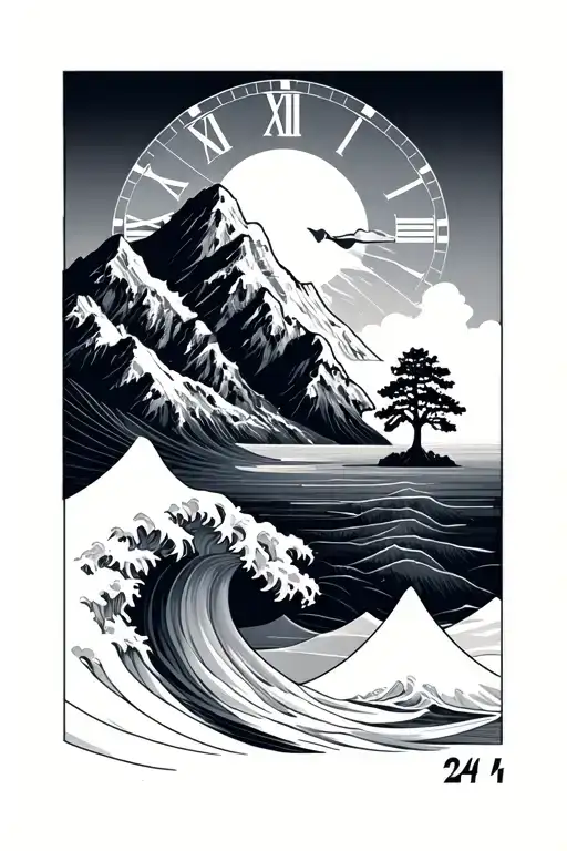 a mountain, sun, wave and a tree in a geometric style with a very subtle 24 in roman numerals. tattoo design idea