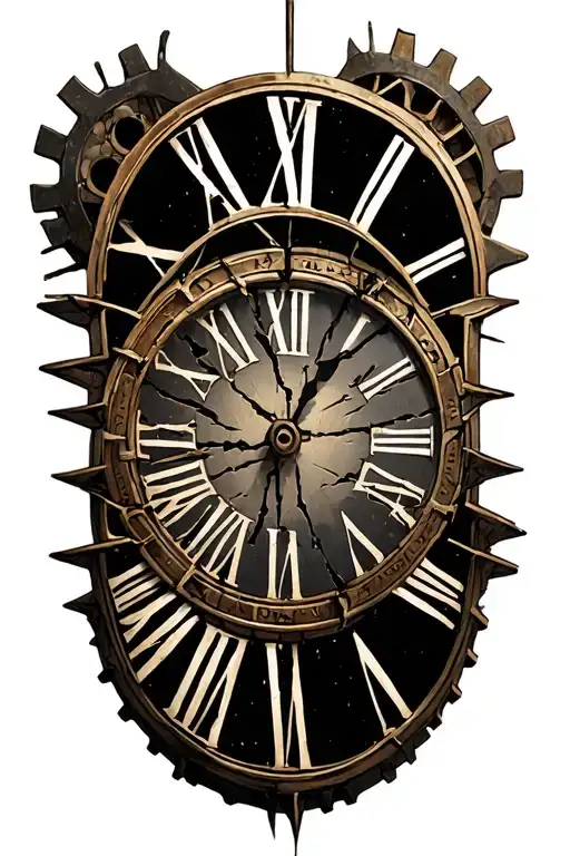 broken clock face, Roman numeral, cog tattoo design idea
