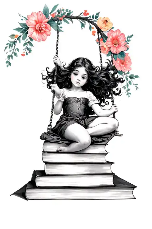 stack of books surrounded by florals girl swinging from the bottom tattoo design idea
