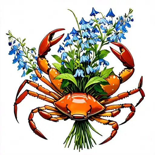 cancer zodiac crab holding bouquet of larkspur tattoo design idea