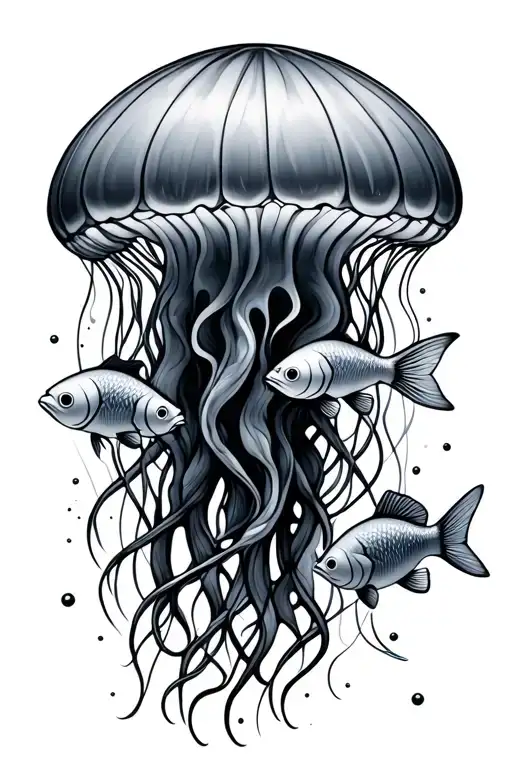jellyfish with 3 fish swimming through and around it, one fish should resemble a clownfish  tattoo design idea