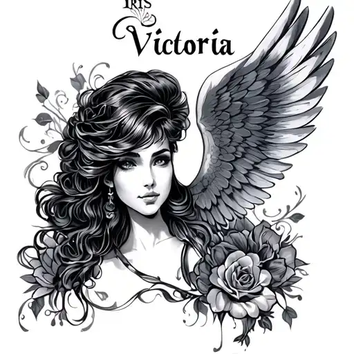 the name iris on top and victoria  at the bottom  with angle wings tattoo design idea