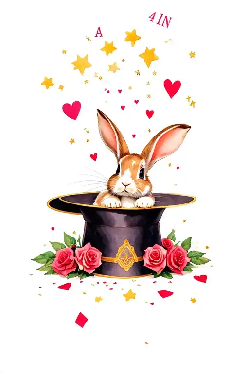 Rabbit coming out of a magicians hat with roses, heart playing cards and roses scattered on the floor. Stars going up tattoo design idea