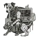 A cyberpunk-inspired tattoo featuring a hacker surrounded by digital code and a pixelated dog companion tattoo design idea