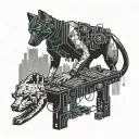 A cyberpunk-inspired tattoo featuring a hacker surrounded by digital code and a pixelated dog companion tattoo design idea